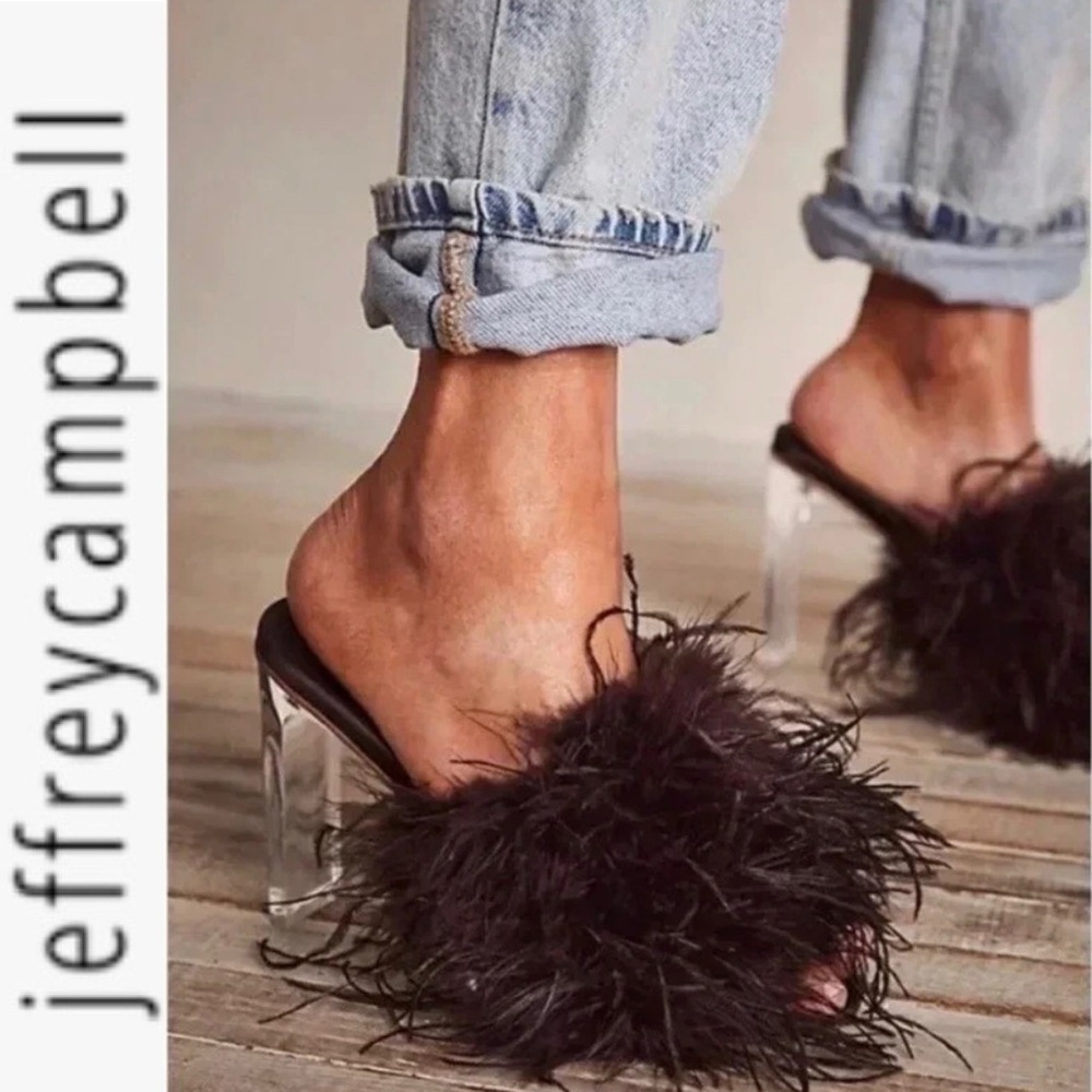 New Jeffrey Campbell Daisy Brown Feather Lucite Heels 7.5